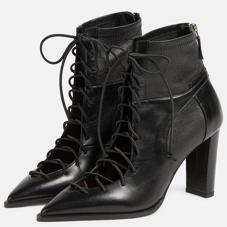 Black Pointed Toe Cutout Lace-up Ankle Boots with Block Heel |FSJ Shoes