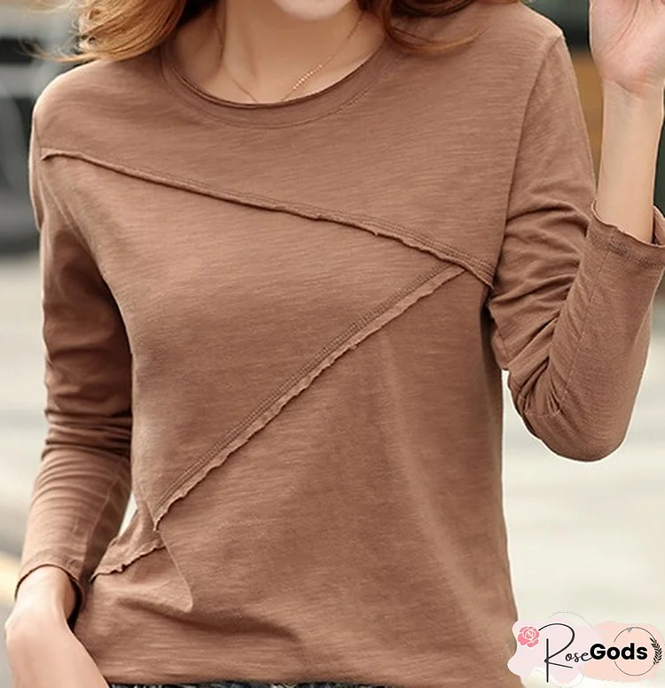 Casual Plain Autumn Micro-Elasticity Jersey Long Sleeve Crew Neck Regular H-Line T-Shirt For Women