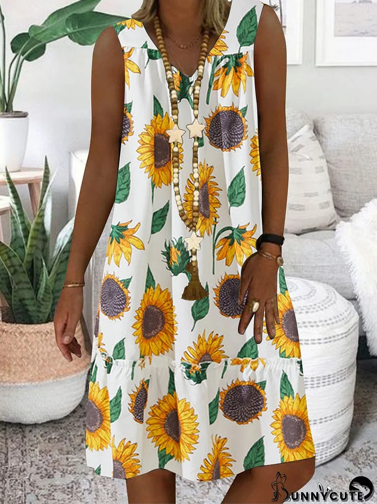 Women White Sleeveless V-neck Printed Midi Dress