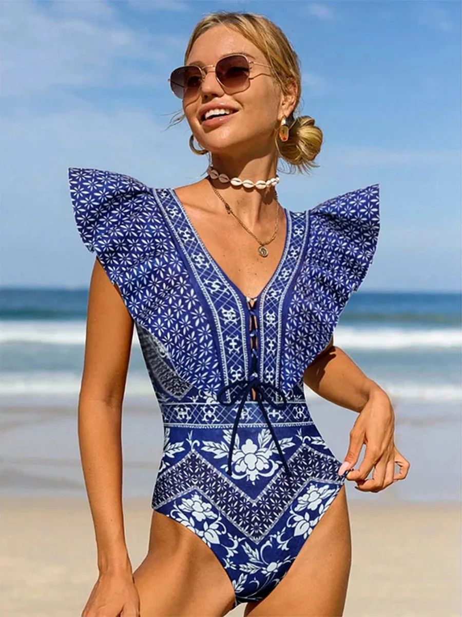 Churchf Shoulder Lotus Side Deep V Sexy Bare Back Swimsuit Woman 2025 New Swimsuit Swimsuit