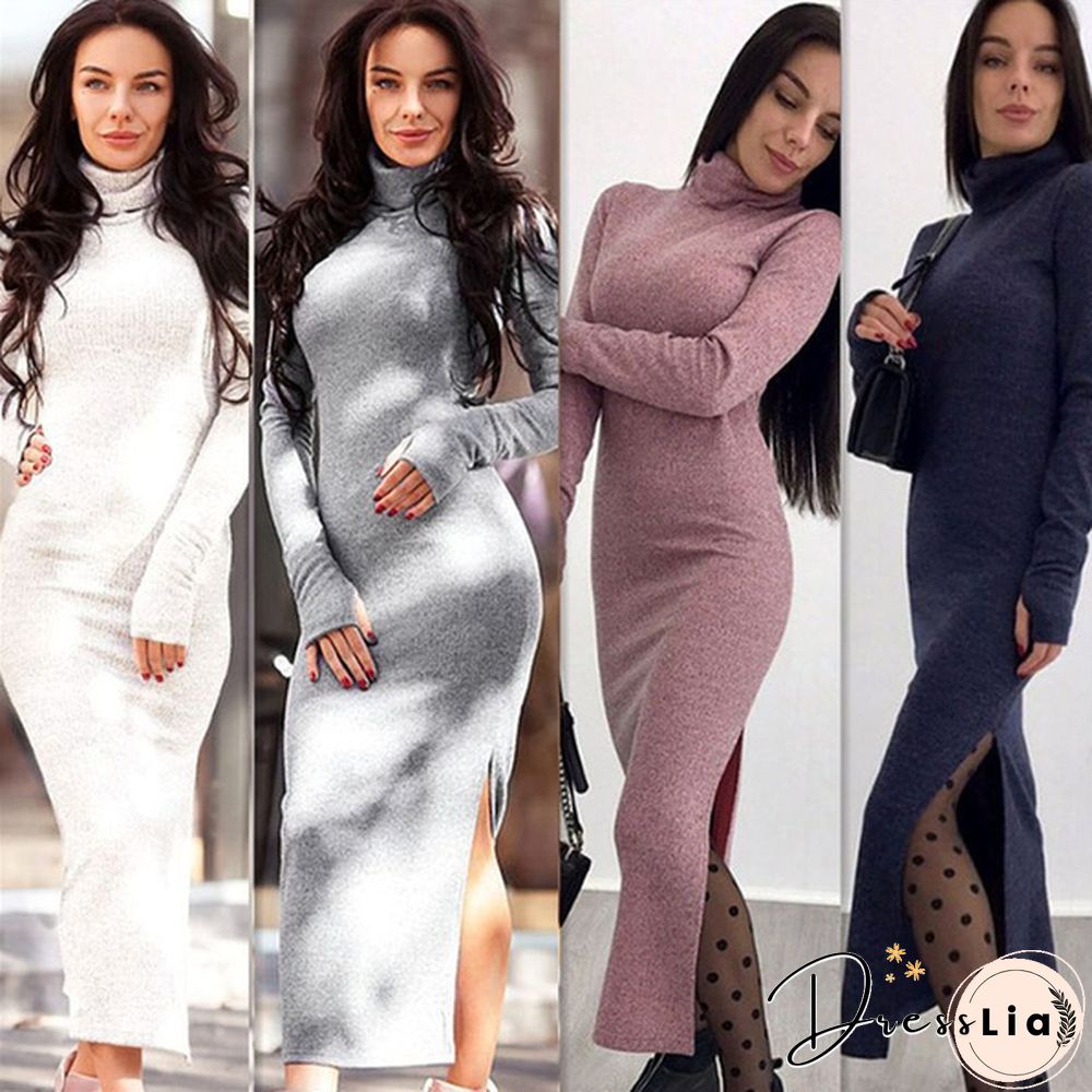Sexy Ladies Fashion Knitting Long Dress High Collar Sheath Bodycon Fall Winter Slit Dresses