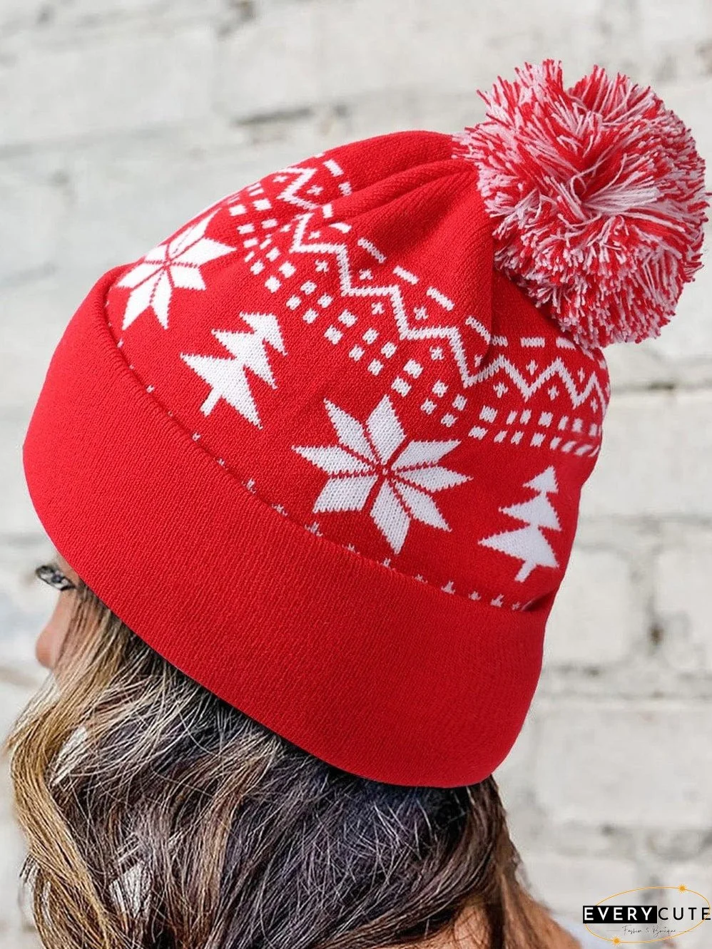 Christmas Red Geometric Pompom Beanie Hat with a Fiery Twist