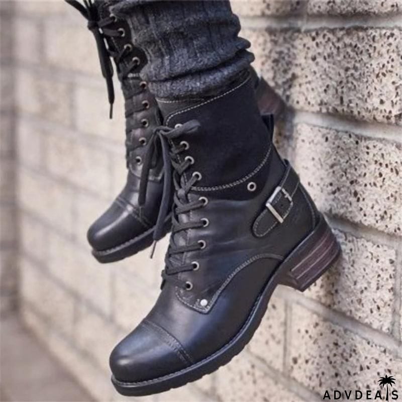 Vintage Style Ankle Harness Strap Lace-Up Block Heel Boots