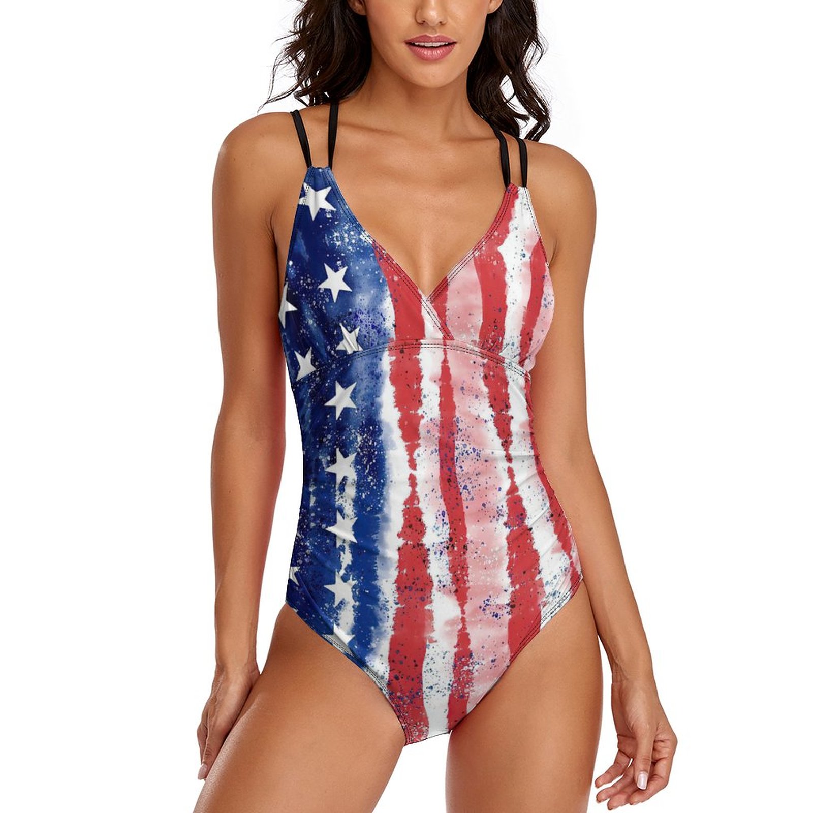 Women's The American Flag One Piece Deep V Neck Crisscross Back Adjustable Strap Swimsuits