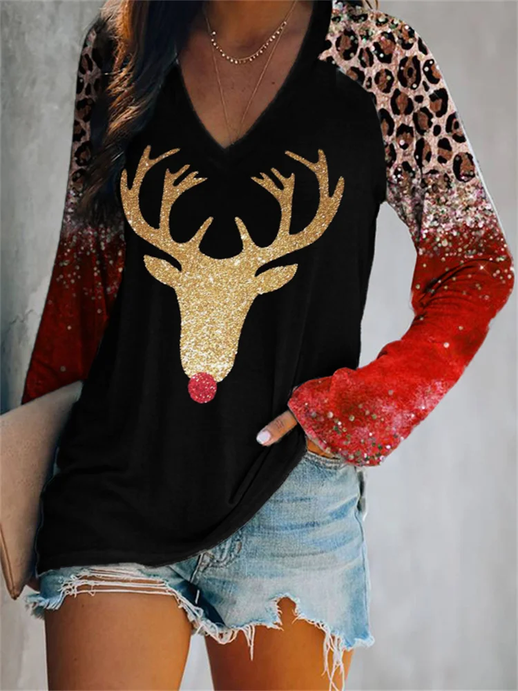 Wearshes Bling Elk Leopard Print V Neck Long Sleeve T Shirt