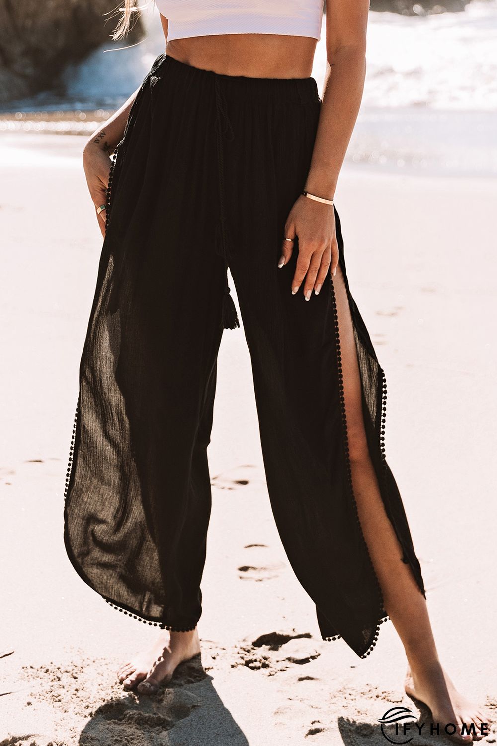 Black Lace Trim Along Split Leg Beach Cover up Pants | IFYHOME