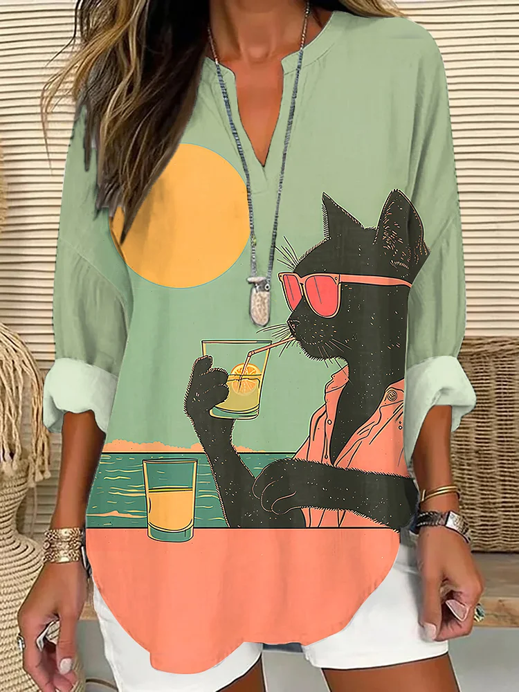 Women's Summer Lazy Holiday Black Cat Art Print Long Sleeve Shirt