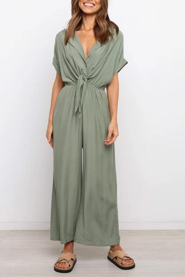 Solid Lapel Single-breasted Knotted Jumpsuit