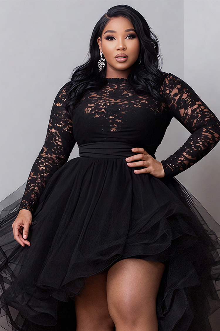 Xpluswear Design Plus Size Cocktail Party Black Round Neck Long Sleeve High Low Hem Elegant Ruffle Tulle Lace Mini Dresses [Pre-Order]