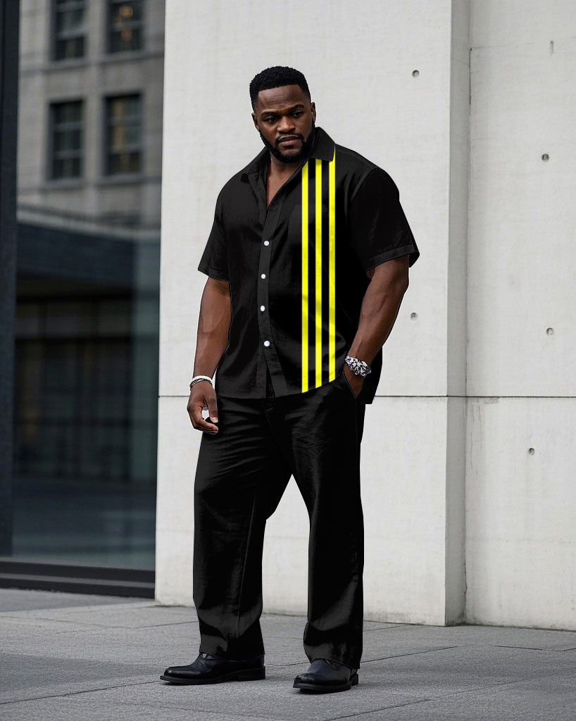 Men's Plus Size Simple Black & Yellow Color Matching Stitching Short-sleeved Shirt Trousers Suit