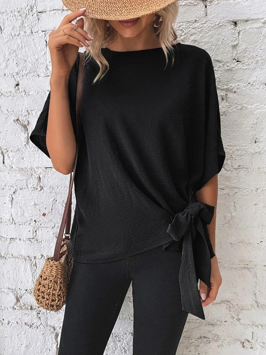 Women's Solid Color Elegant Stylish Batwing Knotted Loose T-shirt