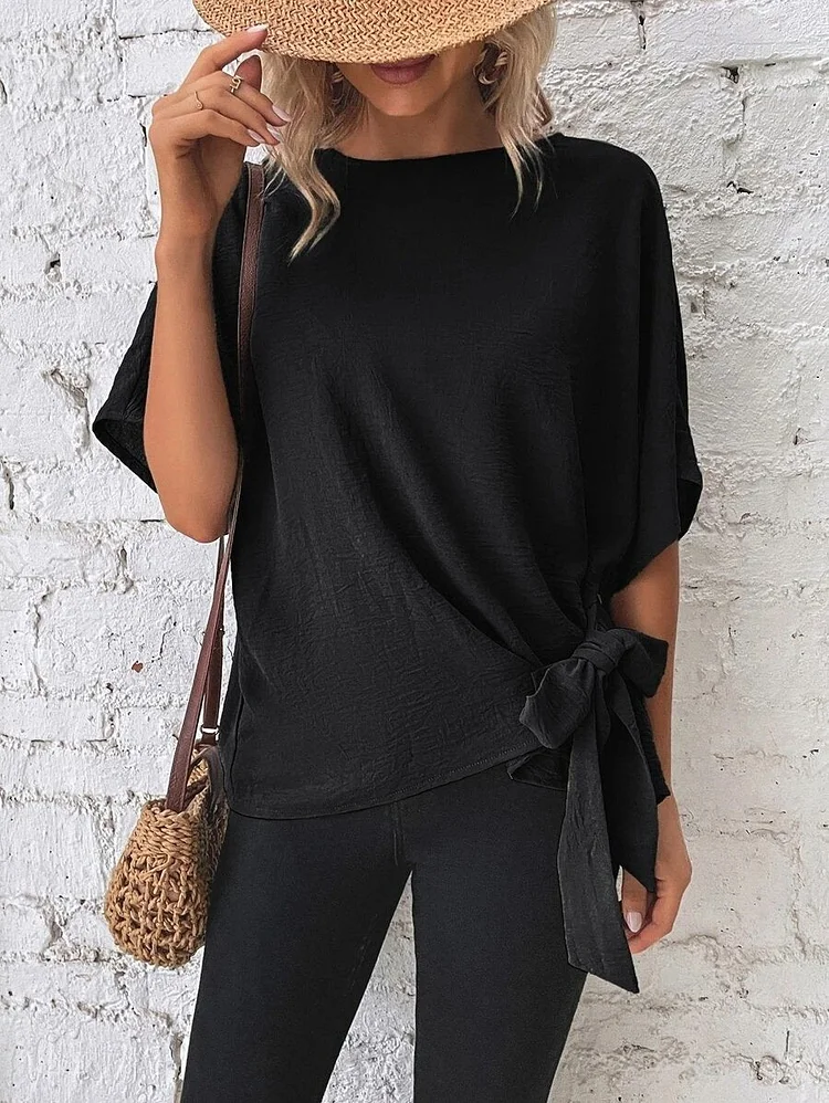 Women's Solid Color Elegant Stylish Batwing Knotted Loose T-shirt