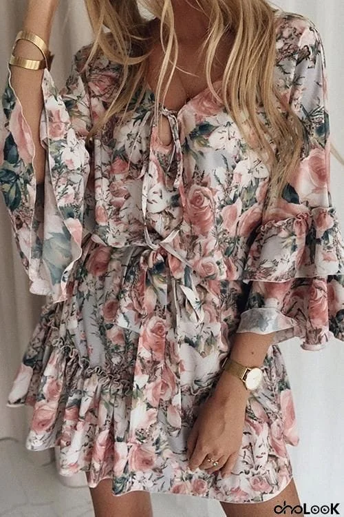 Floral Print Flares Sleeve Ruffles Mini Dress