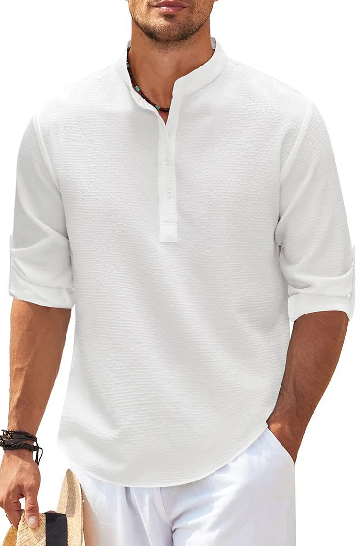Casual Waffle Stand-Up Collar Button Long Sleeve Shirt