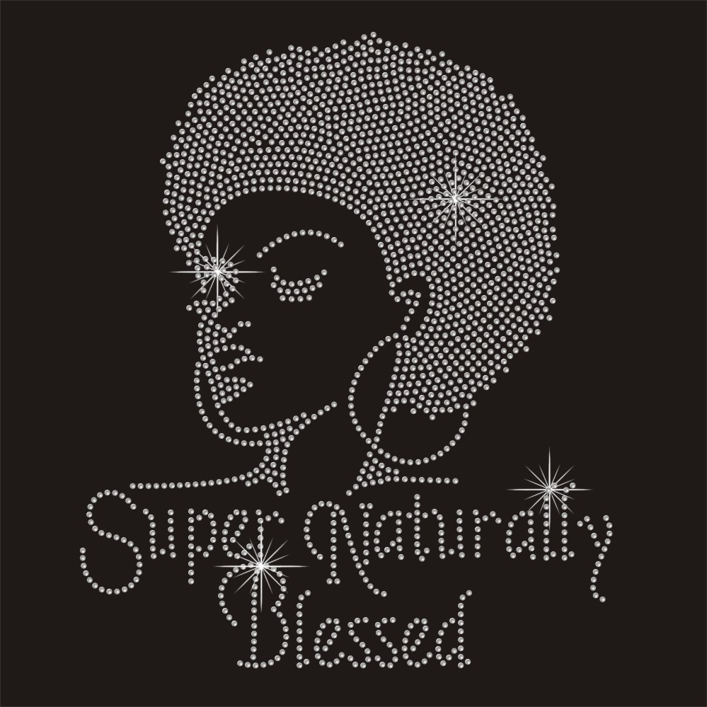 Low moq super naturally blessed crystal afro girl rhinestone iron on transfers