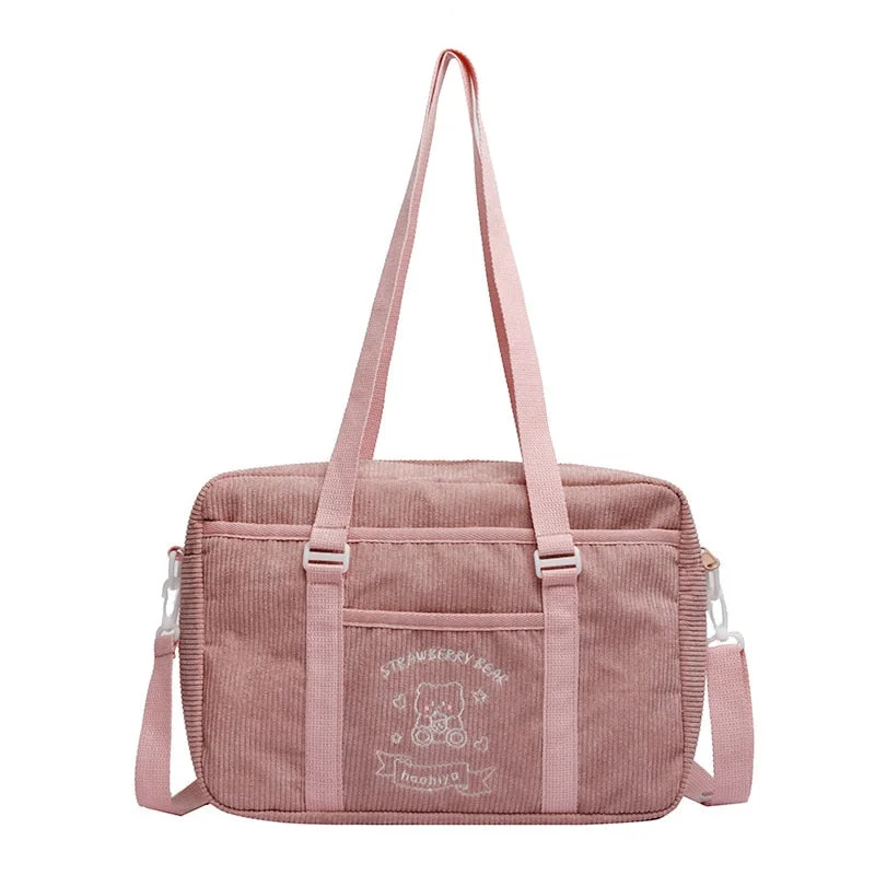 Cute Casual Bag for Women Shoulder Bags 2022 Corduroy Shopper JK Cartoon Embroidered Bear Letter Girls Handbags Student Tote Bag