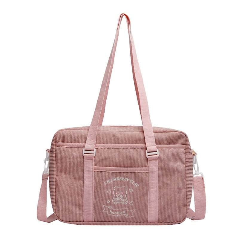 Cute Casual Bag for Women Shoulder Bags 2022 Corduroy Shopper JK Cartoon Embroidered Bear Letter Girls Handbags Student Tote Bag