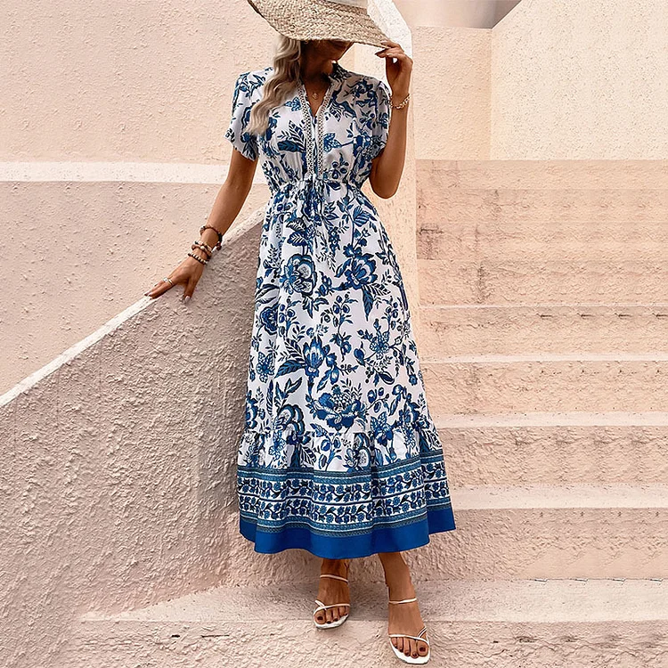 Summer Must-Have: Blue Printed Boho Dress  VangoghDress