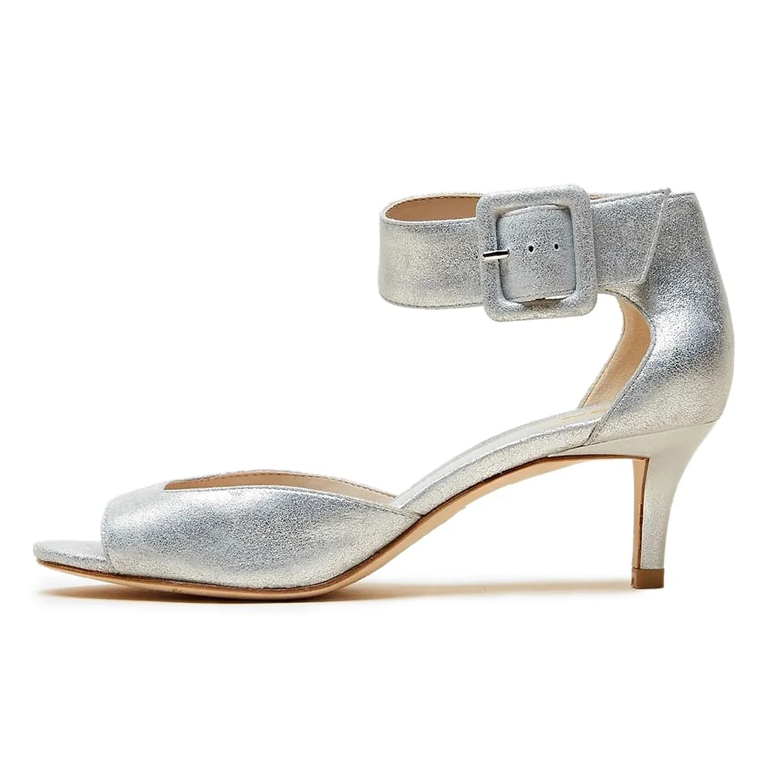 Silver Vegan Leather Distressed Buckle Fastening Ankle Strap Sandals