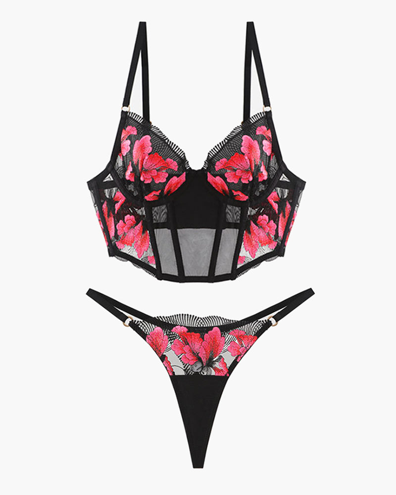 Lovingerie - Embroidered Corset Bra and Thong 2 Sets
