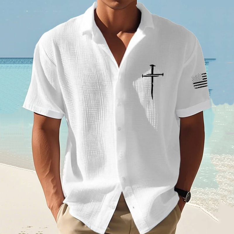  Men's Faith Cross Print Short Sleeve Linen Shirt Westsshops