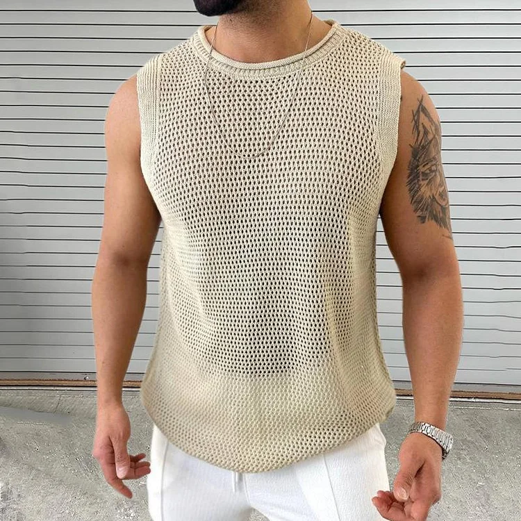 Men's Casual Round Neck Hollow Knitted Tank Top 61697808M