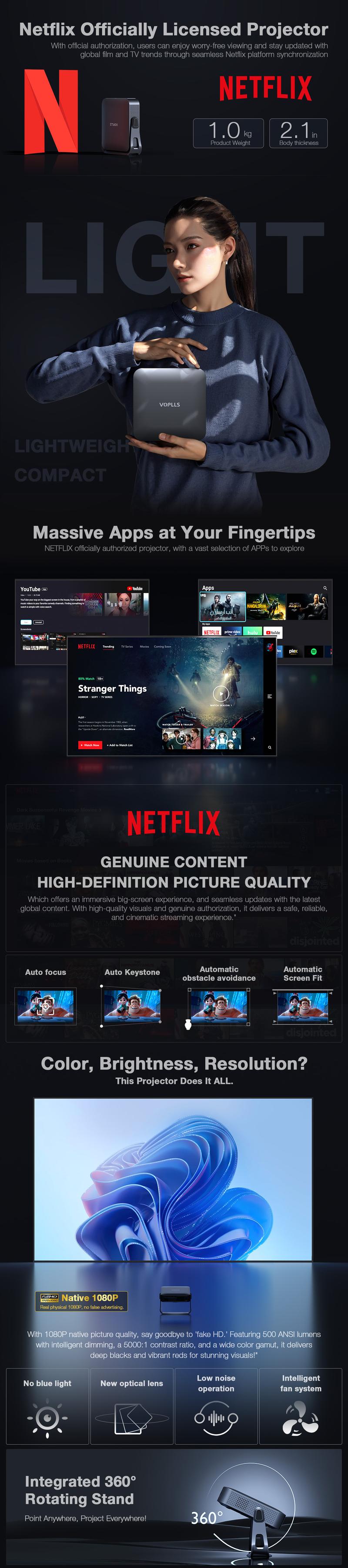 Product Introduction of VOPLLS Portable Mini LCD Projector Native 1080P Gaming | Netflix Certified Outdoor Movie Projector with Dual Auto Focus & Keystone Correction | 3D Dolby Audio. WiFi 6 & Bluetooth 5.0 | 50% Zoom for Home Theater. Camping. (500 ANSI . HDMI) 0