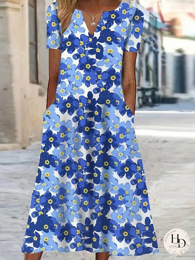 Casual Dress Shift Dress Swing Dress Floral Pocket Print V Neck Midi Dress Active Fashion Outdoor Vacation Short Sleeve Regular Fit White Royal Blue Blue Spring Summer S M L XL XXL for Women