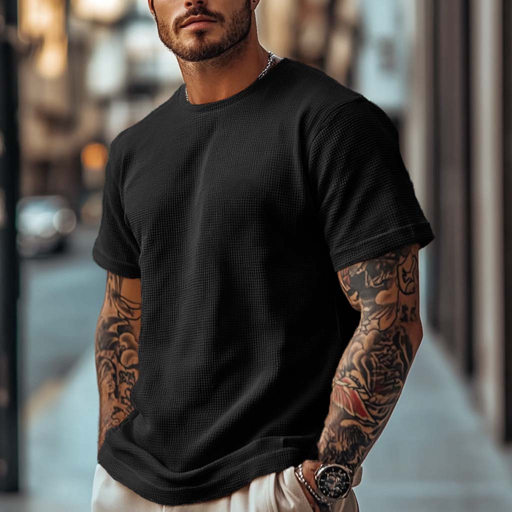 Men's Vintage Waffle Knit Short Sleeve Round Neck T-Shirt