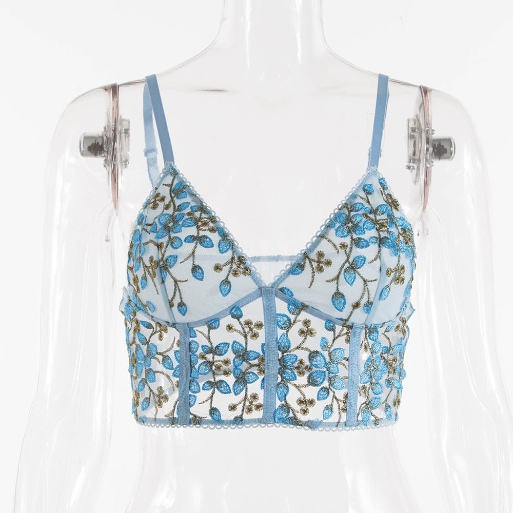 wsevypo Flower Embroidery Camisole Women's Sexy Perspective Mesh Lace Bustier Corsets Top Summer Party Chic Lady Straps Crop Top