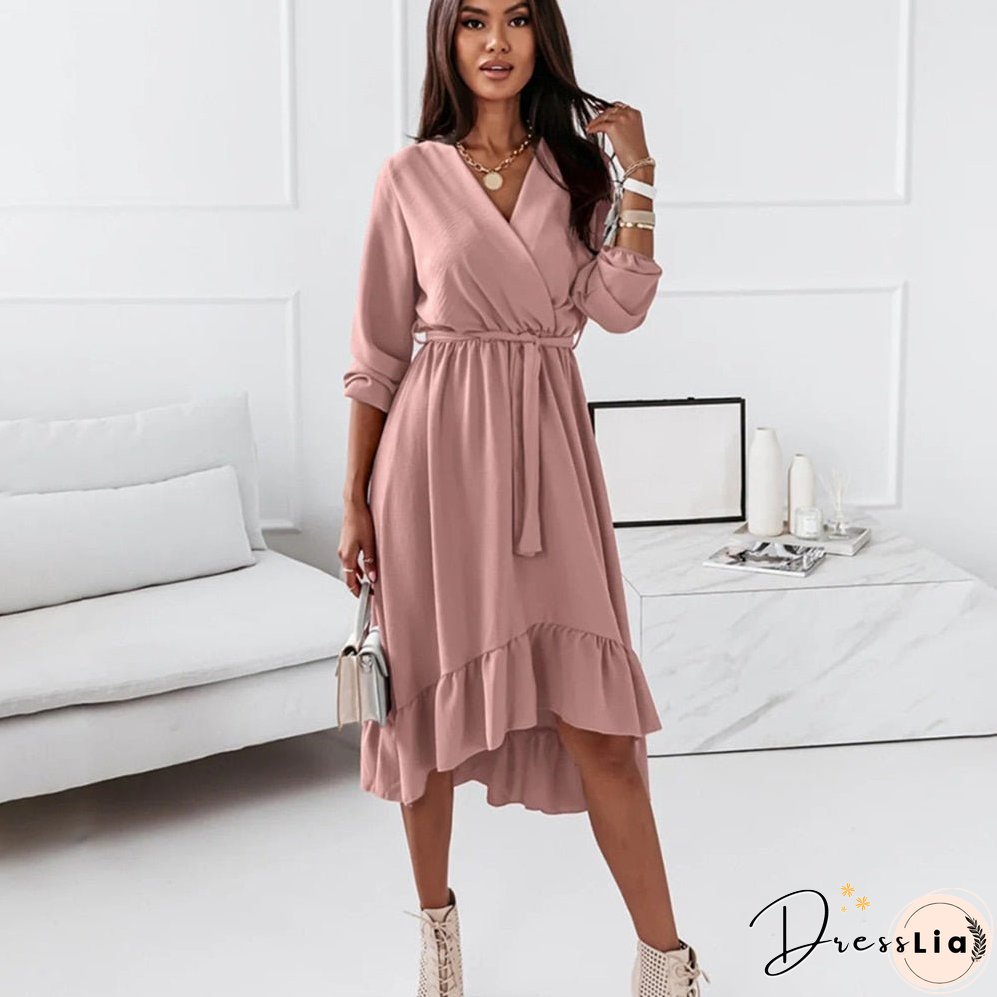 Christmas Gift Fashion V Neck Long Sleeve Green Midi Dress Women Fall Clothes Casual Elegant Office Ladies Dresses For Woman Robe Femme