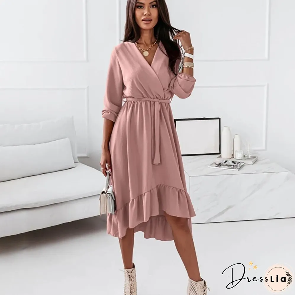 Christmas Gift Fashion V Neck Long Sleeve Green Midi Dress Women Fall Clothes Casual Elegant Office Ladies Dresses For Woman Robe Femme