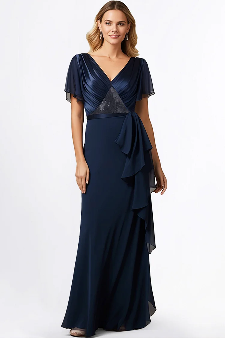 Zaruci Mother Of The Bride Navy Blue Chiffon Flutter Sleeve Pleated Ruffle Maxi Dress [Pre-Order]