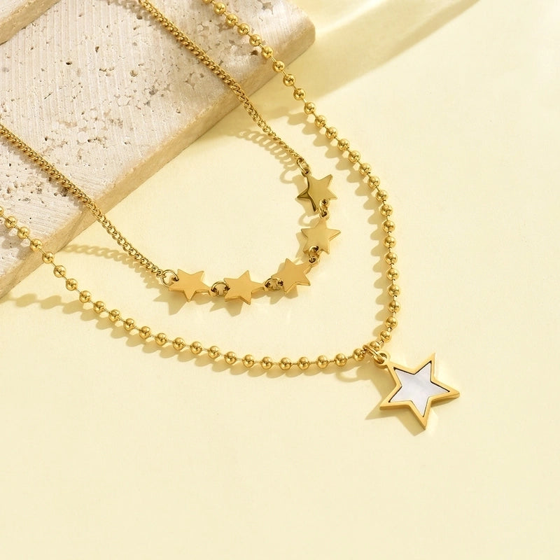 Sweet Star 304 Stainless Steel Shell 14K Gold Plated Polishing Plating Inlay Double Layer Necklaces