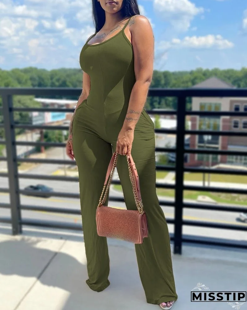Printed Solid Color Straps Jumpsuit
