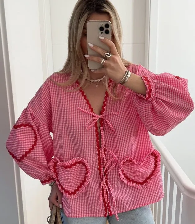 Brownm Brownm Women's Clothing New Fashion Loose Long-Sleeved Plaid Love With Shirt Women