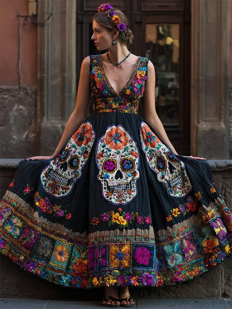 Day Of The Dead Sugar Skulls Mexican Floral Embroidered Linen Maxi Dress