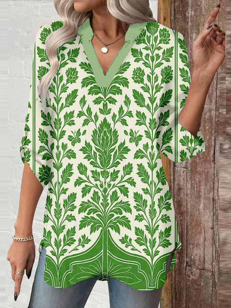 Women Floral, Green DZGA0127 3/4 Sleeve V-neck Printed Graphic Button Tops