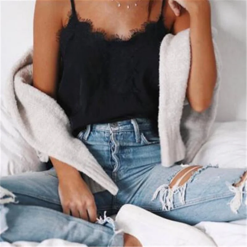 2021 Spring Summer Sexy Lace Camis Women Tops Fashion Solid White Black Patchwork V Neck Sleeveless Casual Female Camisole Blusa