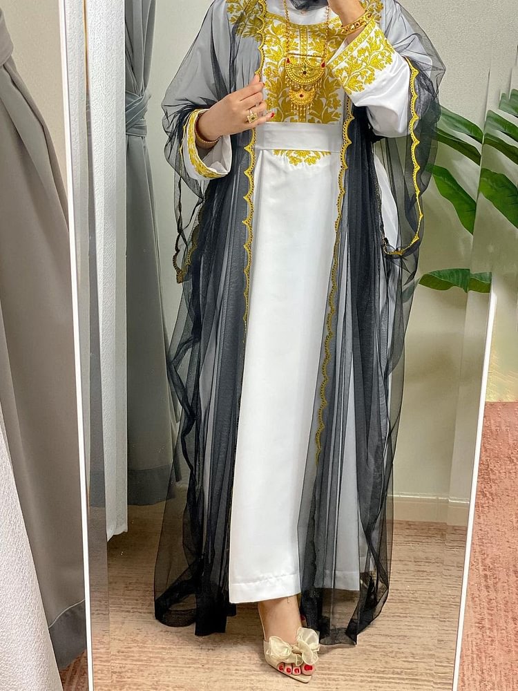 Elegant Gold Thread Floral Embroidery Kaftan and Mesh Outwear Two-Piece Set