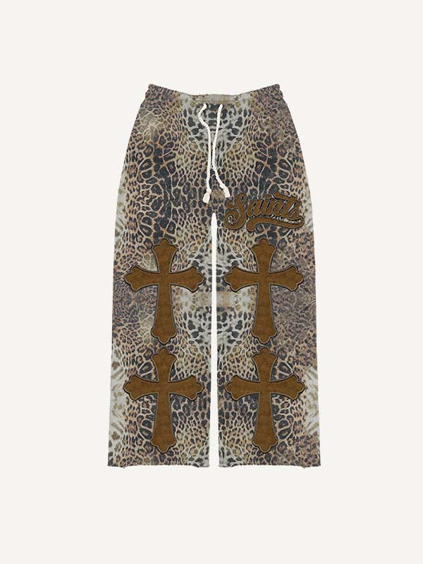 Letter&Cross&Leopard Faux Decal Print Elastic Waist Pants