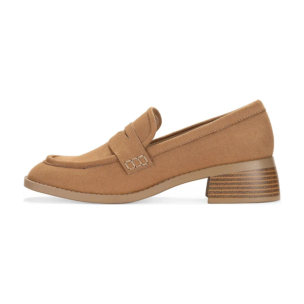 Tan Round Toe Slip On Block Heel Faux Suede Loafers Women