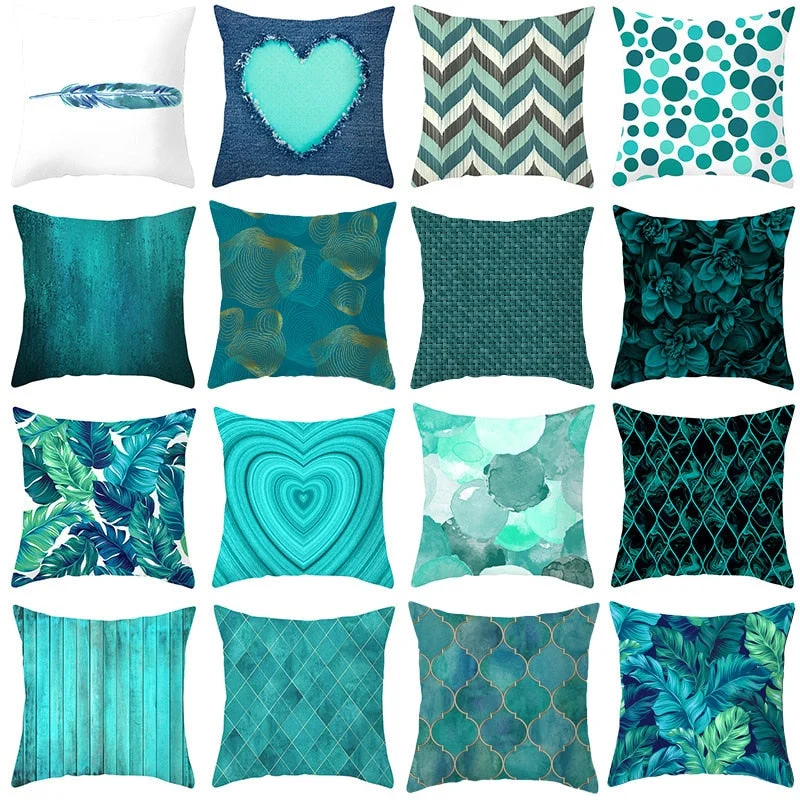 Teal Blue Cushion Cover Leaves Geometric Heart Pillow Cover Sofa Home Decor Throw Pillows Car Decorative Pillow Case Accessories