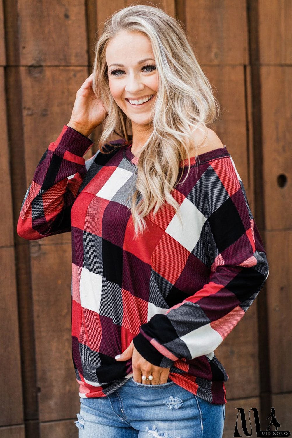 MidiSono - Round Neck Plaid Long Sleeve Pullover Top