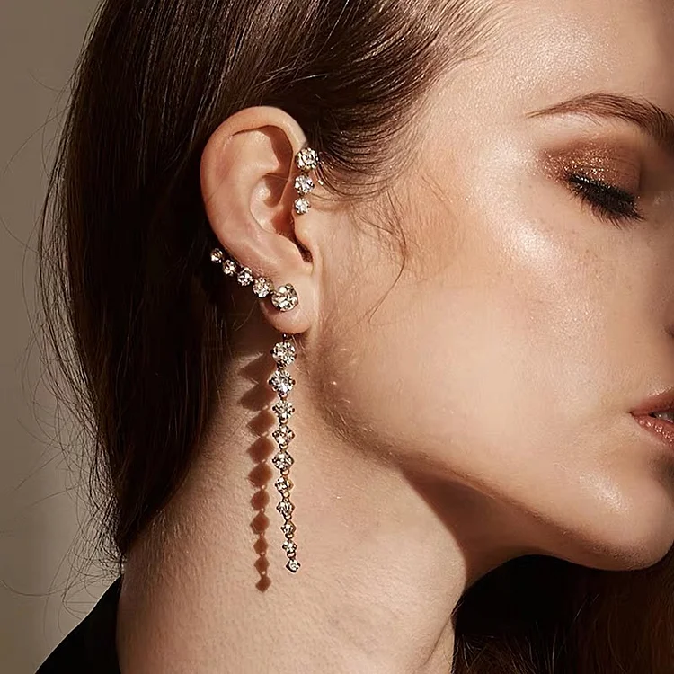 New Korean Rhinestone Earrings Shiny Diamond Curved Ear Clip Earrings Women's Simple Ear Clip