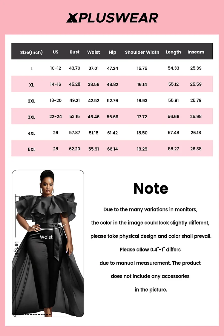 Xpluswear Design Plus Size Business Casual Black Elegant Round Neck Short Sleeve 3D With Skirt Overlay Tulle Jumpsuits [Pre-Order]