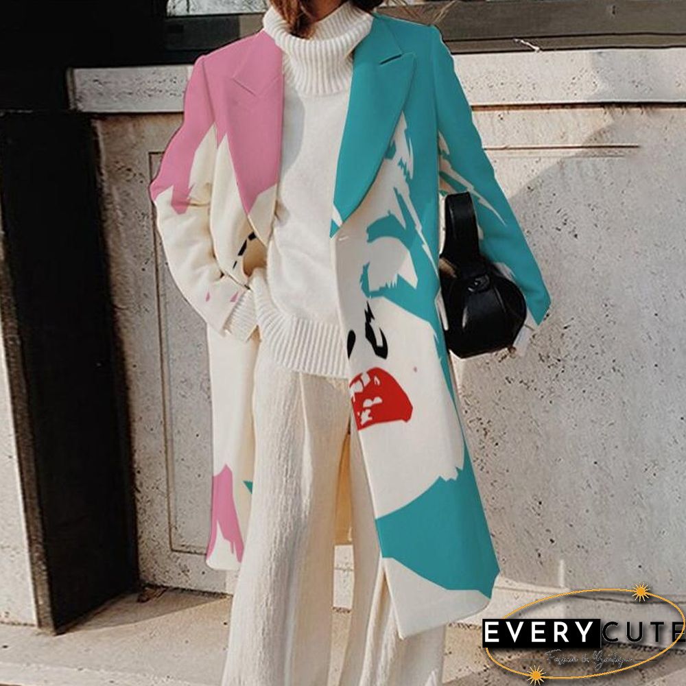 Trendy Printed Hit Color Woolen Longline Collared Coat