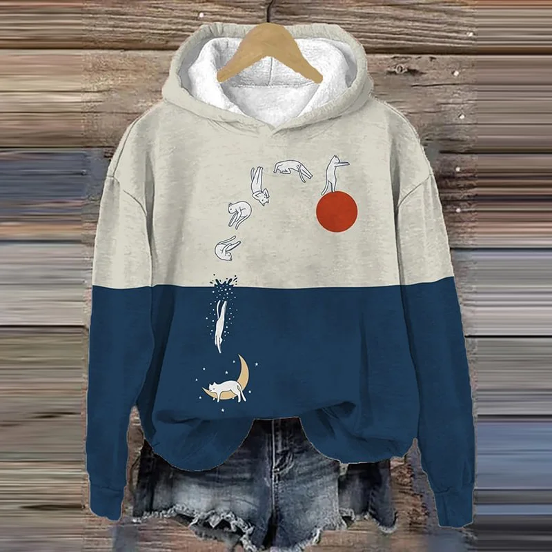 Women's Colorblock Sun Moon Cats Print Hoodie