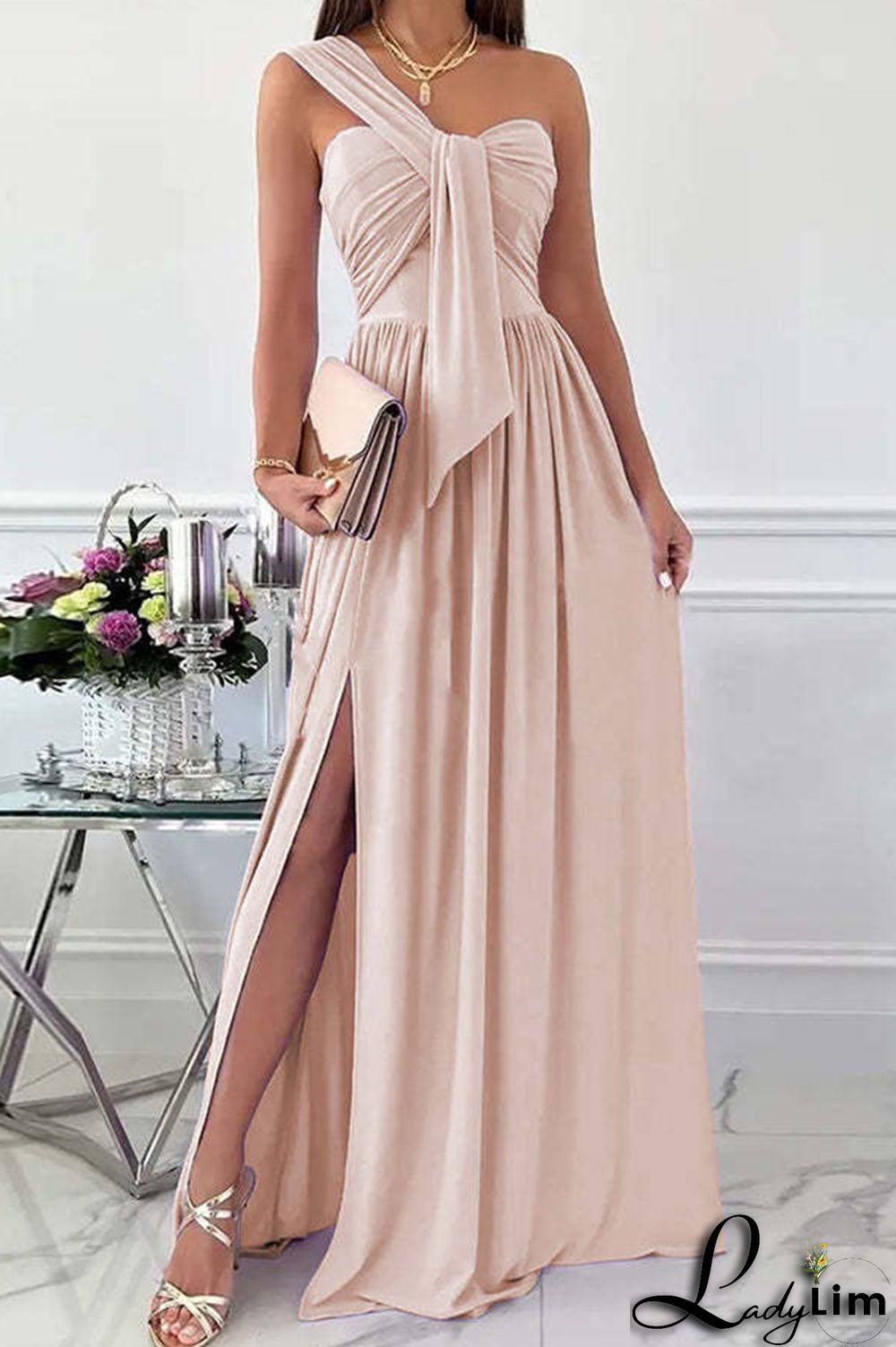 Green Fashion Sexy Solid Patchwork Backless Slit One Shoulder Evening Dress Dresses