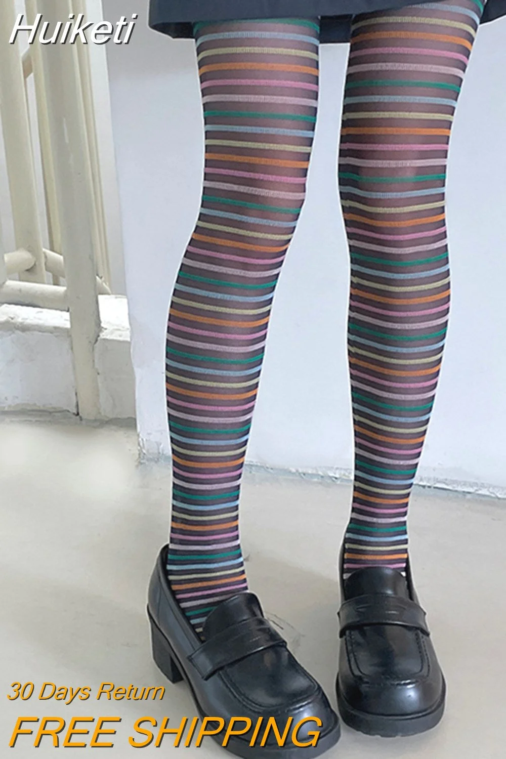 Huiketi Women's Y2K Vintage Striped Tights Rainbow Colorful Elastic Stockings Pantyhose Slim Fit Tights Leggings